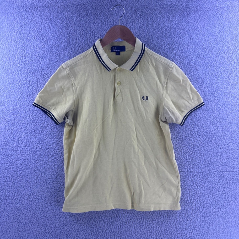 Fred Perry Mens M Yellow Twin Tipped Pique Short Sleeve Polo Shirt Navy Trim